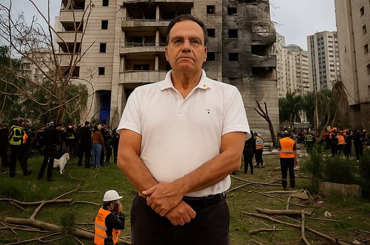 צורי דבוש, יו״ר קליל על רקע בניין שנפגע מטיל, צילום: מורג ביטן