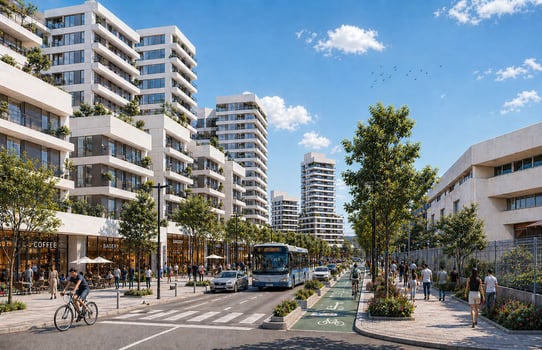 הדמיה: מתחם התפר הוד השרון, קרדיט: משרד מזור פירשט אדריכלים